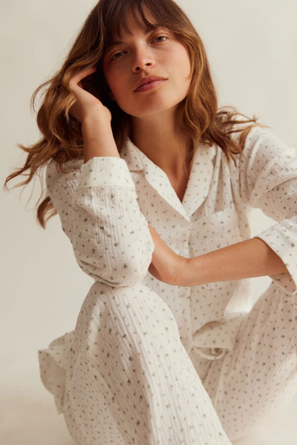 Sleepy Doe womens traditional pyjama set | white floral muslin