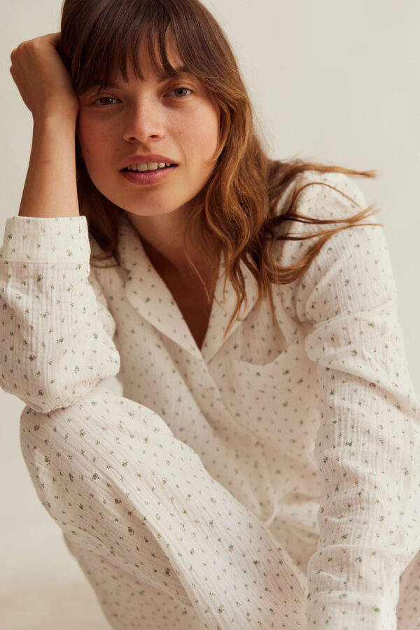 Sleepy Doe womens traditional pyjama set | white floral muslin